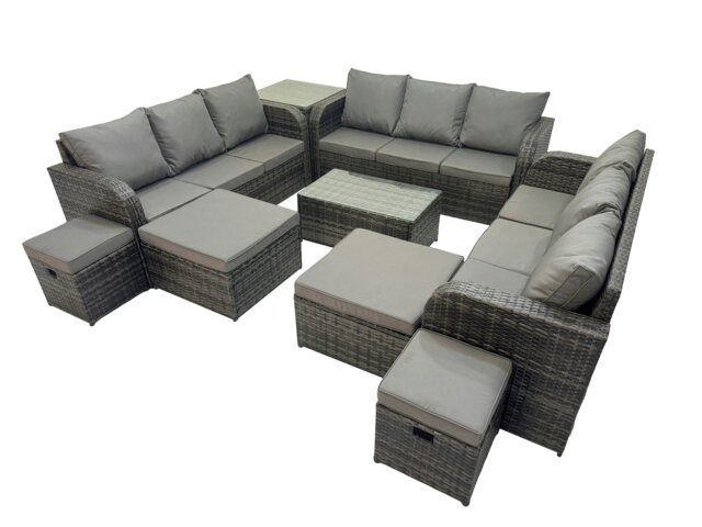Rackhams Outdoor 3 Seater Sofa Coffee Table Set Garden Rattan Furniture Set 13 Seater with Side Table 4 Stools Dark Grey - image 1