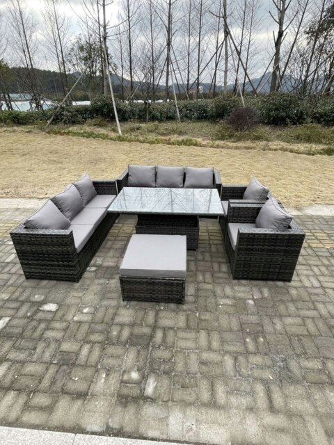 Rackhams 9 Seater?Outdoor Rattan Garden Furniture Set Adjustable Rising Lifting Dining Table With Chairs Footstool Dark Grey Mixed - image 1