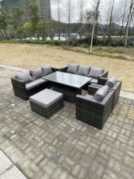 Rackhams 9 Seater?Outdoor Rattan Garden Furniture Set Adjustable Rising Lifting Dining Table With Chairs Footstool Dark Grey Mixed - thumbnail 2