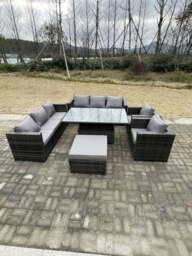 Rackhams 9 Seater?Outdoor Rattan Garden Furniture Set Adjustable Rising Lifting Dining Table With Chairs Footstool Dark Grey Mixed - thumbnail 1