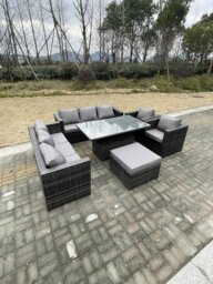 Rackhams 9 Seater?Outdoor Rattan Garden Furniture Set Adjustable Rising Lifting Dining Table With Chairs Footstool Dark Grey Mixed - thumbnail 3