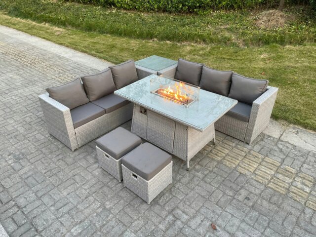 Rackhams Rattan Garden Furniture Set with Gas Fire Pit Dining Table, 2 Sofas, 1 Side Table, 2 Footstools - 8 Seater - Light Grey - image 1