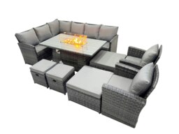 Rackhams 12 Seat Poly Rattan Outdoor Patio Gas Firpit Dining Table Corner Sofa Set with 4 Stool 2 Chairs for Garden Backyard Dark Grey Mixed - thumbnail 2