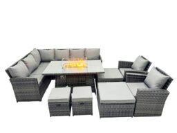 Rackhams 12 Seat Poly Rattan Outdoor Patio Gas Firpit Dining Table Corner Sofa Set with 4 Stool 2 Chairs for Garden Backyard Dark Grey Mixed - thumbnail 1