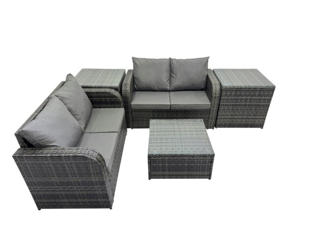 Rackhams Rattan Garden Outdoor Furniture Set Love Sofa Square Coffee Table Set with 2 Side Tables Dark Grey Mixed - image 1