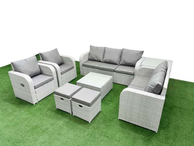 Rackhams Rattan Garden Furniture Set Adjustable Chair Sofa Double Love Seat 2 Seater Sofa Lounge Set Square Coffee Table 2 Stools Side Table Light Grey - image 1