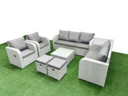 Rackhams Rattan Garden Furniture Set Adjustable Chair Sofa Double Love Seat 2 Seater Sofa Lounge Set Square Coffee Table 2 Stools Side Table Light Grey - thumbnail 1