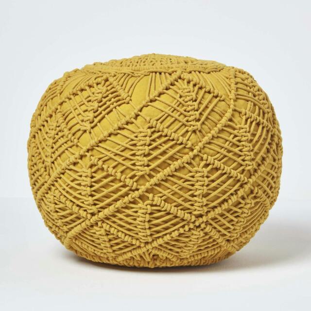 Rackhams Macrame Knitted Pouffe Been Filled Crochet Round Footstool 100% Cotton Braided Design - Mustard - 35 x 40 cm - image 1