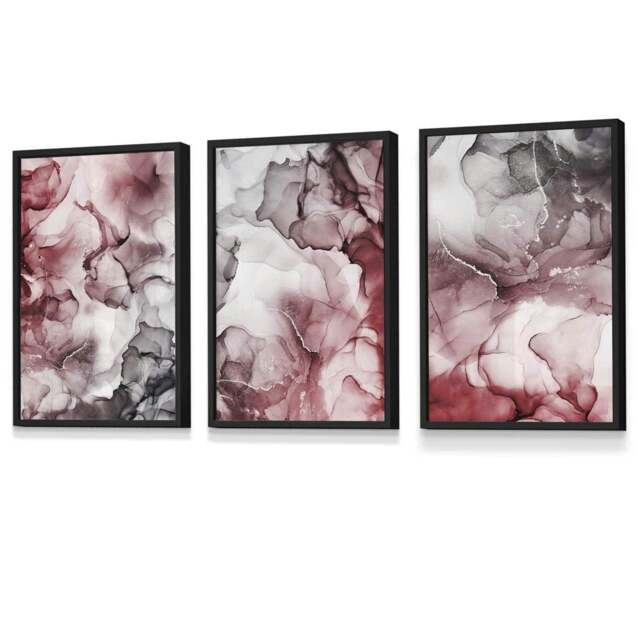 Rackhams Set of 3 Abstract Floral Fluid in Red and Grey Framed Wall Art - 42x59cm (A2) - Black - image 1