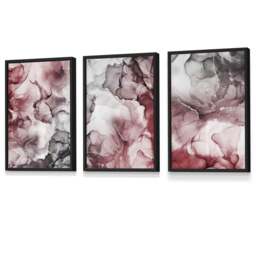 Rackhams Set of 3 Abstract Floral Fluid in Red and Grey Framed Wall Art - 42x59cm (A2) - Black - thumbnail 1