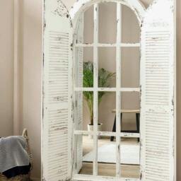 Rackhams Château Shutter Window Arch Mirror - H172 x W36 x D3cm - Reclaimed pine in antique white