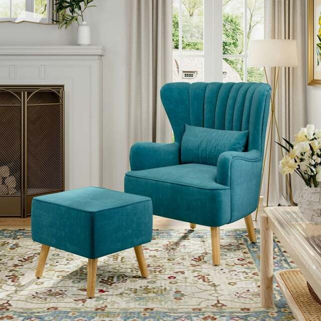 Rackhams 77cm W Occasion Faux Wool Wingback Chair Padded Armchair and Footstool - Blue