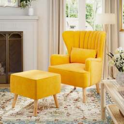 Rackhams 77cm W Occasion Faux Wool Wingback Chair Padded Armchair and Footstool - Blue - thumbnail 2