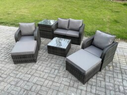Rackhams Rattan Garden Furniture Set Patio Conservatory Indoor Outdoor 6 Seater Set with Love Sofa Square Coffee Table 2 Big Footstool Side Table - thumbnail 2