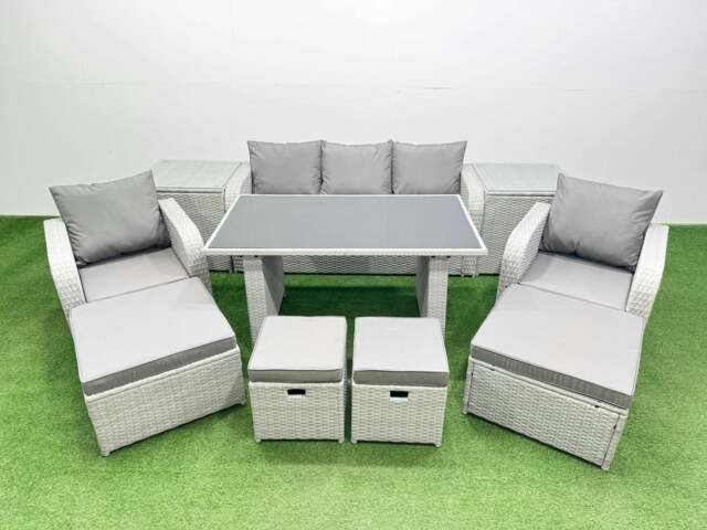 Rackhams 9 Seater Patio Garden Furniture Sets with Black Glass Top Dining Table Love Sofa 2 Side Tables 4 Stools Light Grey - image 1