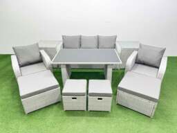 Rackhams 9 Seater Patio Garden Furniture Sets with Black Glass Top Dining Table Love Sofa 2 Side Tables 4 Stools Light Grey - thumbnail 1
