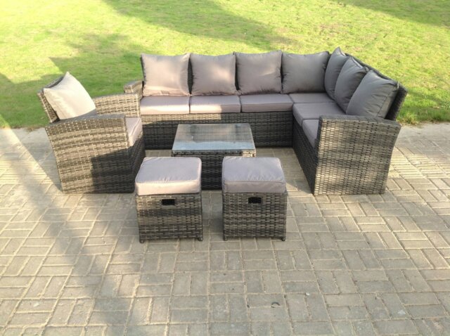Rackhams 9 Seater High Back Rattan Garden Furniture Set Corner Sofa With Square Coffee Table Stools With Chair - image 1