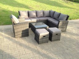 Rackhams 9 Seater High Back Rattan Garden Furniture Set Corner Sofa With Square Coffee Table Stools With Chair - thumbnail 2