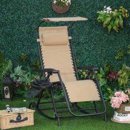 Rackhams Garden Rocking Chair Folding Recliner Outdoor Adjustable Sun Lounger Rocker Zero-Gravity Seat with Headrest Side Holder Patio Deck - Beige - thumbnail 2