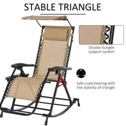 Rackhams Garden Rocking Chair Folding Recliner Outdoor Adjustable Sun Lounger Rocker Zero-Gravity Seat with Headrest Side Holder Patio Deck - Beige - thumbnail 6