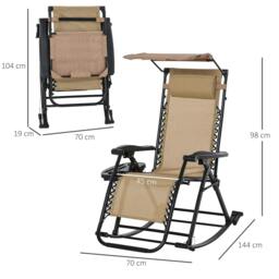 Rackhams Garden Rocking Chair Folding Recliner Outdoor Adjustable Sun Lounger Rocker Zero-Gravity Seat with Headrest Side Holder Patio Deck - Beige - thumbnail 3
