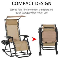 Rackhams Garden Rocking Chair Folding Recliner Outdoor Adjustable Sun Lounger Rocker Zero-Gravity Seat with Headrest Side Holder Patio Deck - Beige - thumbnail 4