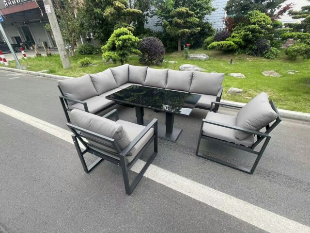 Rackhams Aluminum Outdoor Garden Furniture Corner Sofa Chair Adjustable Rising Lifting Dining Table Sets Black Tempered Glass Dark Grey 8 Seater
