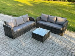 Rackhams Indoor Outdoor Rattan Garden Furniture 6 Seater Set Table Sofa Chair Patio Conservatory with Grey Cushions - thumbnail 2