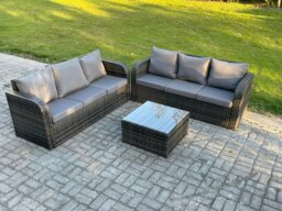 Rackhams Indoor Outdoor Rattan Garden Furniture 6 Seater Set Table Sofa Chair Patio Conservatory with Grey Cushions
