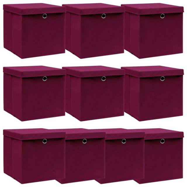 Rackhams Storage Boxes with Lids 10 pcs Dark Red 32x32x32 cm Fabric
