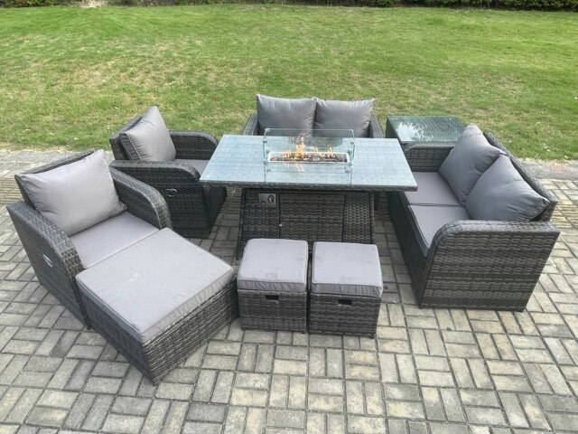 Rackhams 9 Seater Rattan Garden Furniture Set Propane Gas Fire Pit Table and Sofa Chair set with 3 Footstool Side Table - image 1