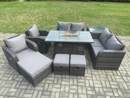 Rackhams 9 Seater Rattan Garden Furniture Set Propane Gas Fire Pit Table and Sofa Chair set with 3 Footstool Side Table - thumbnail 1