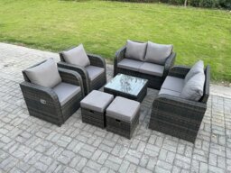 Rackhams Garden Furniture Set Rattan Outdoor Lounge Sofa Chair With Tempered Glass Table 2 Small Footstools Dark Grey Mixed - thumbnail 1