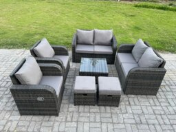 Rackhams Garden Furniture Set Rattan Outdoor Lounge Sofa Chair With Tempered Glass Table 2 Small Footstools Dark Grey Mixed - thumbnail 2