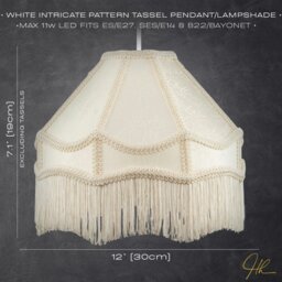 Rackhams White Sleek Satin Victorian Lamp Shade with Floral Leaf Decor and White Tassels - thumbnail 6