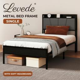 Rackhams Single Bed Frame Metal Platform Linen Upholstered Headboard with Storage - thumbnail 2