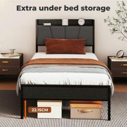 Rackhams Single Bed Frame Metal Platform Linen Upholstered Headboard with Storage - thumbnail 4