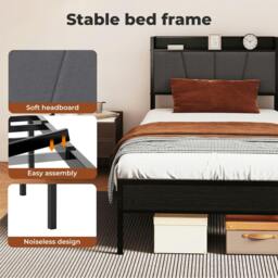 Rackhams Single Bed Frame Metal Platform Linen Upholstered Headboard with Storage - thumbnail 5
