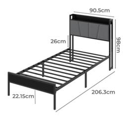 Rackhams Single Bed Frame Metal Platform Linen Upholstered Headboard with Storage - thumbnail 3
