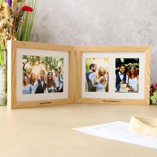 Rackhams Personalised Solid Oak Three Aperture Hinged Picture Frame - Natural Finish - Three aperture frame - Engraved + Prints - image 1