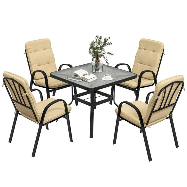 Rackhams 5 Pieces Outdoor Square Garden Dining Set w/ Tempered Glass Dining Table 4 Cushioned Armchairs, Umbrella Hole, Beige - image 1