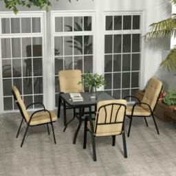 Rackhams 5 Pieces Outdoor Square Garden Dining Set w/ Tempered Glass Dining Table 4 Cushioned Armchairs, Umbrella Hole, Beige - thumbnail 2