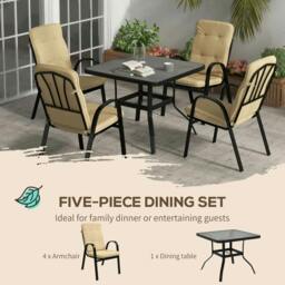 Rackhams 5 Pieces Outdoor Square Garden Dining Set w/ Tempered Glass Dining Table 4 Cushioned Armchairs, Umbrella Hole, Beige - thumbnail 6