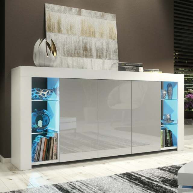 Rackhams Exclusive 164cm Cabinet Cupboard Sideboard TV Unit High Gloss Grey Doors & Free LED - 164 cm - White Matt Body & Grey Gloss Doors - Sideboard - image 1