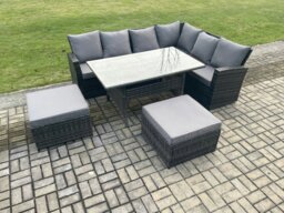 Rackhams 8 Seater Outdoor Furniture Garden Dining Set Rattan Corner Sofa Set with Rectangular Dining Table Big Footstool Dark Grey Mixed - thumbnail 1