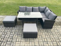 Rackhams 8 Seater Outdoor Furniture Garden Dining Set Rattan Corner Sofa Set with Rectangular Dining Table Big Footstool Dark Grey Mixed - thumbnail 2