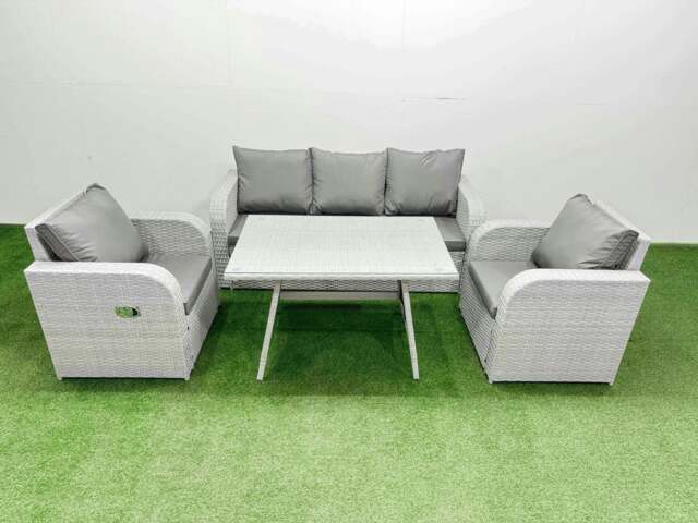 Rackhams Reclining Chair 3 Seat Sofa Set Garden Furniture Set with Rectangular Dining Table Light Grey - image 1