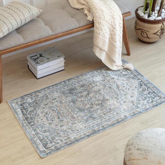 Rackhams Lillian-Washable Blue Brown Traditional Vintage Boho Rug - 66 x 115 cm - image 1