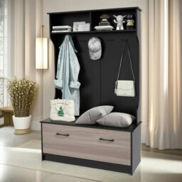 Rackhams 160CM Tall Hall Tree Coat Stand With Shoe Rack And Storage Shelves Black - thumbnail 2