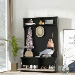 Rackhams 160CM Tall Hall Tree Coat Stand With Shoe Rack And Storage Shelves Black - thumbnail 4